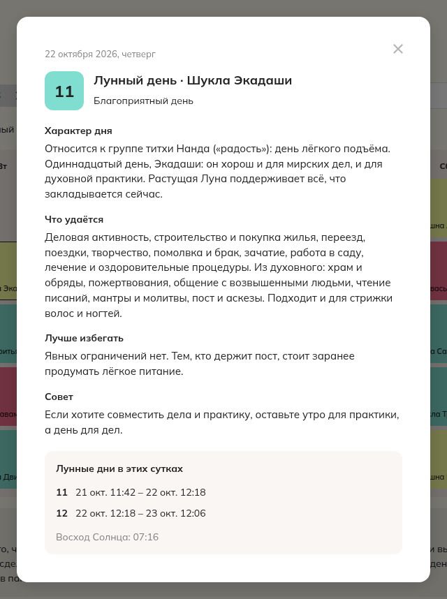 Окно с описанием лунного дня | Jyotiapp