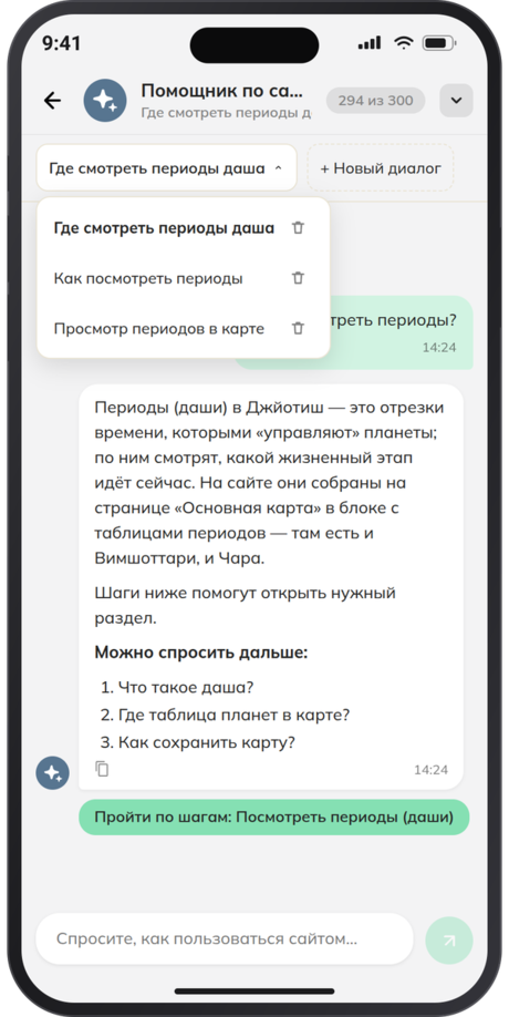 Список диалогов с Помощником по сайту | Jyotiapp